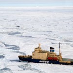 Ship breaking through the Antarctic ice.